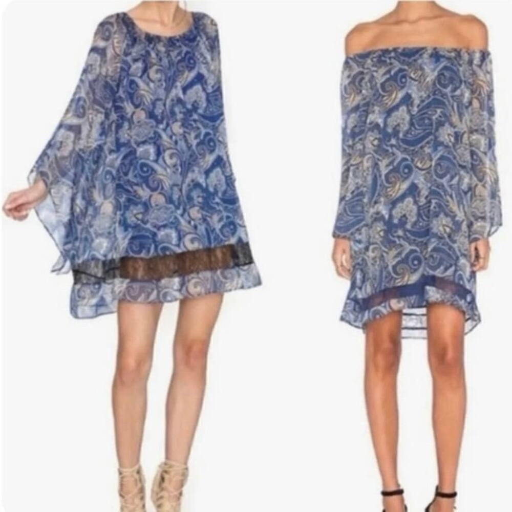 Alice + Olivia Cari Sheer Paisley Blue Off Shoulder Gypsy Sleeve Dress Size S